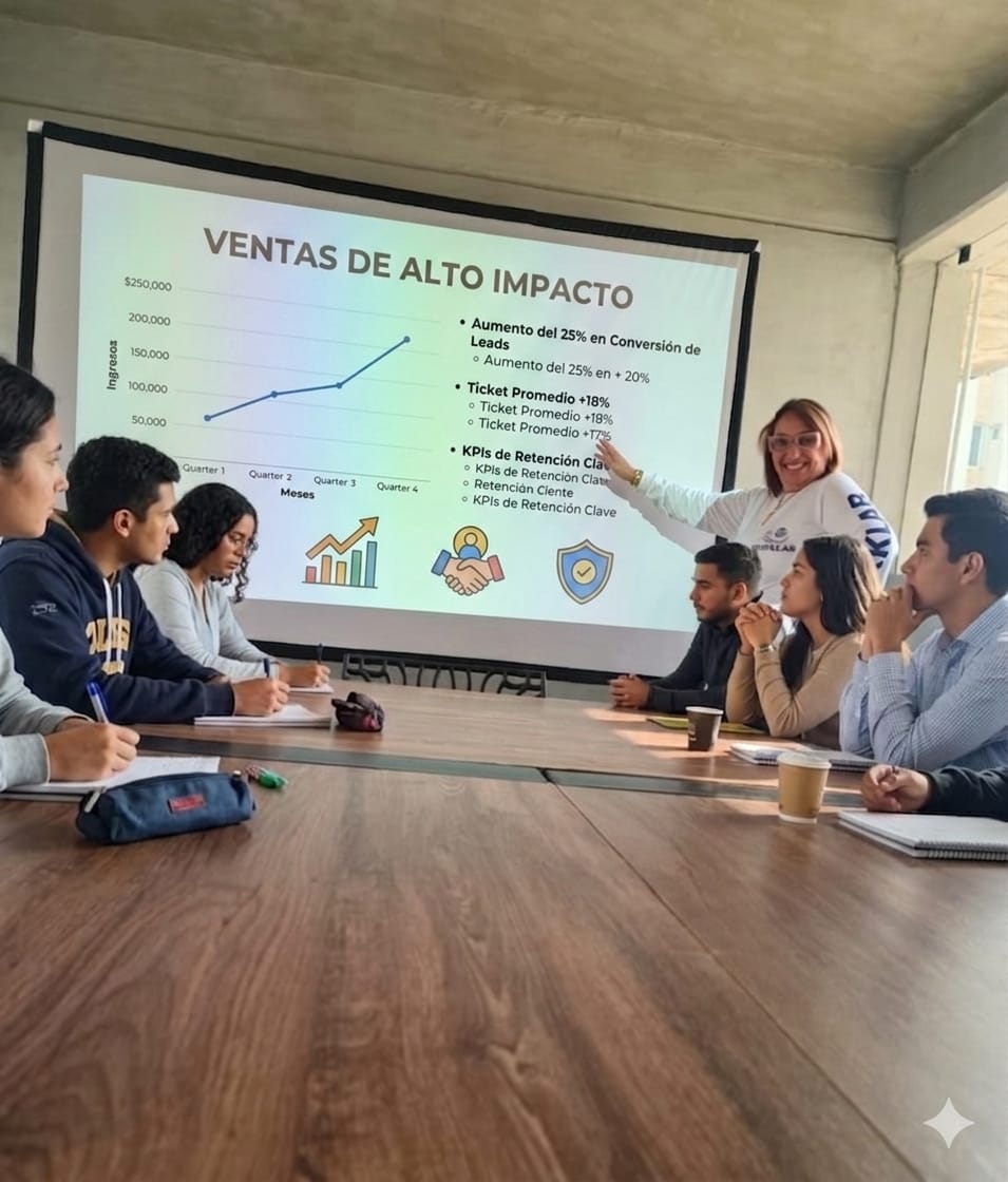 Sala de reuniones con mesa larga y presentación corporativa proyectada