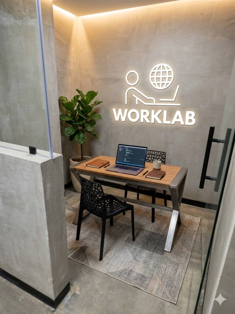 Oficina privada WORKLAB con logo iluminado, escritorio y laptop
